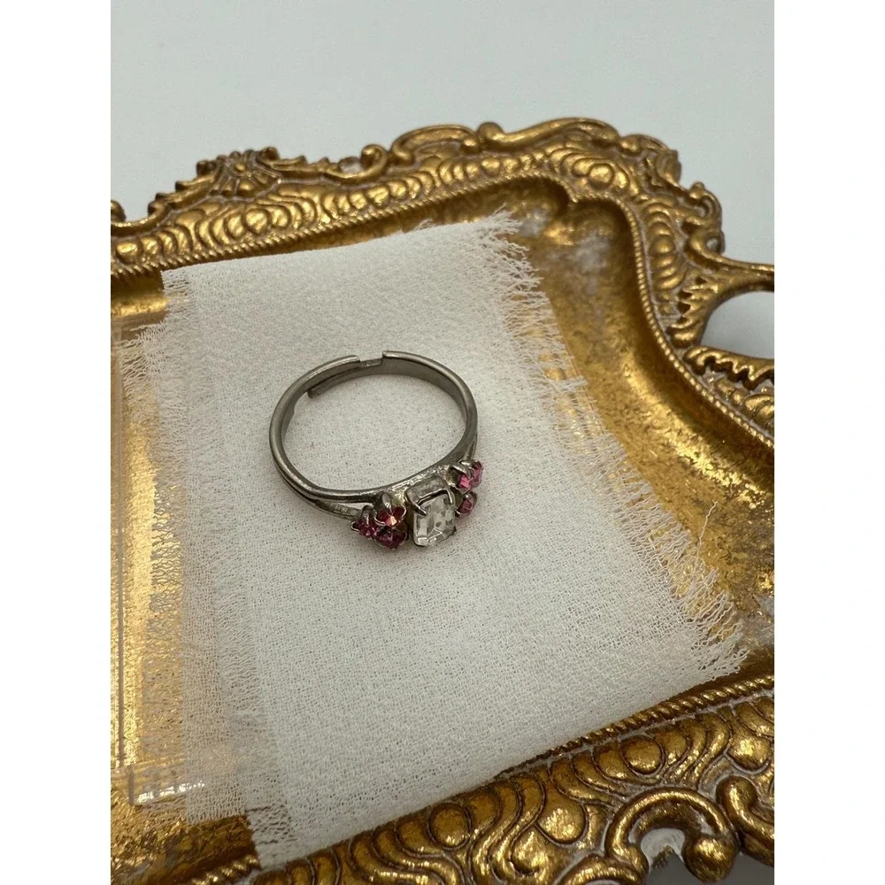 Vintage Silver Tone Emerald Cut Clear Crystal‎ Pink Rhinestone Adjustable Ring